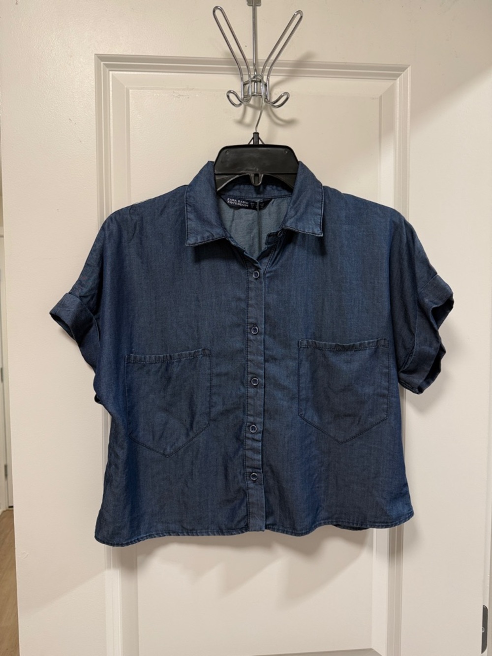 Zara Short Sleeve Denim Crop Top Button Down